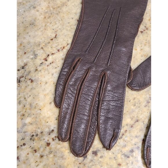 Vintage Size XS 5 3/4 Brown Soft Leather Formal 10" Long Gloves Scallop Edge - Picture 2 of 12
